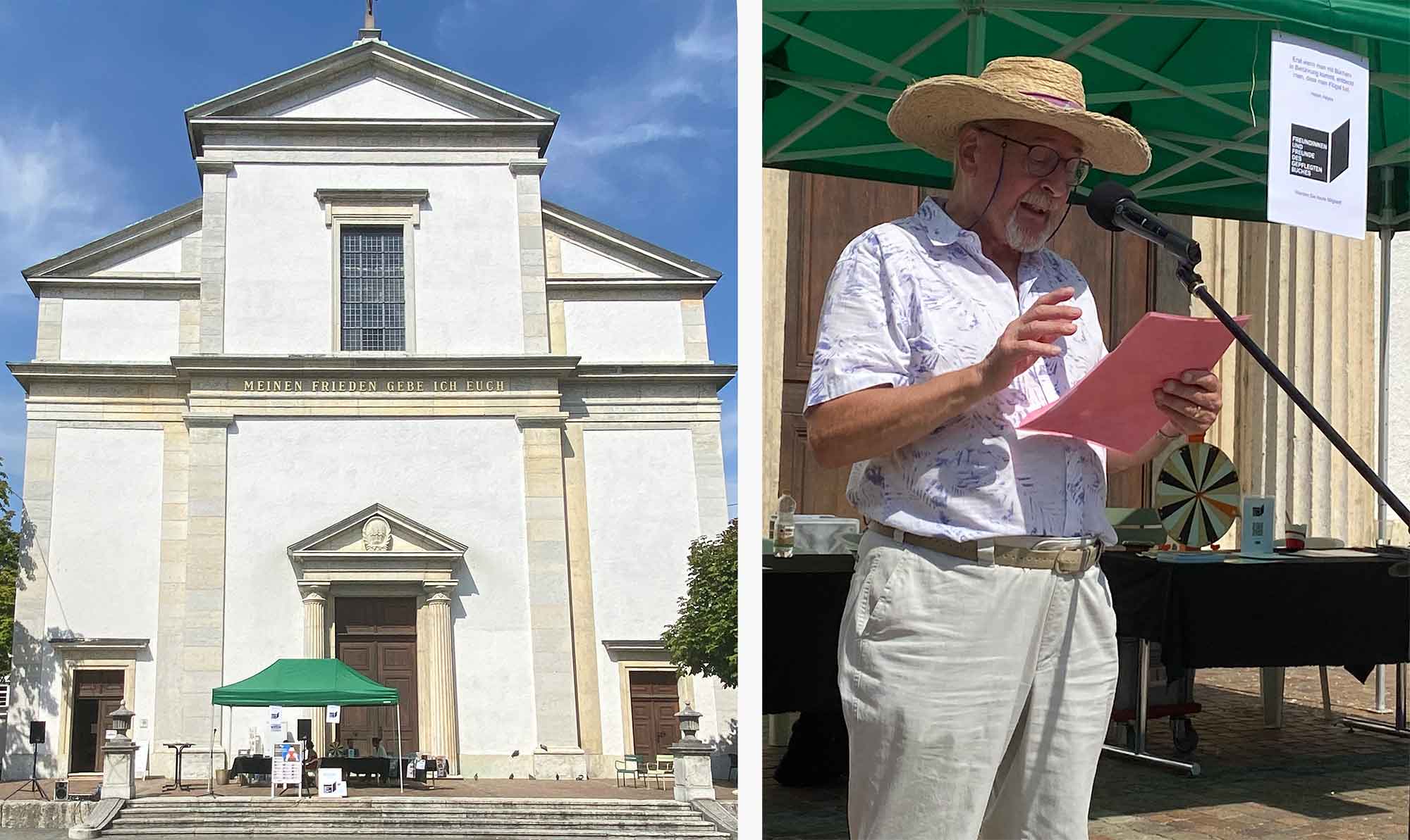 Peter Niklaus las zum Auftakt vor der Stadtkirch einen unveröffentlichten Text aus den «unheiligen» Taten eines Lehrers vom Frohheimschulhaus.